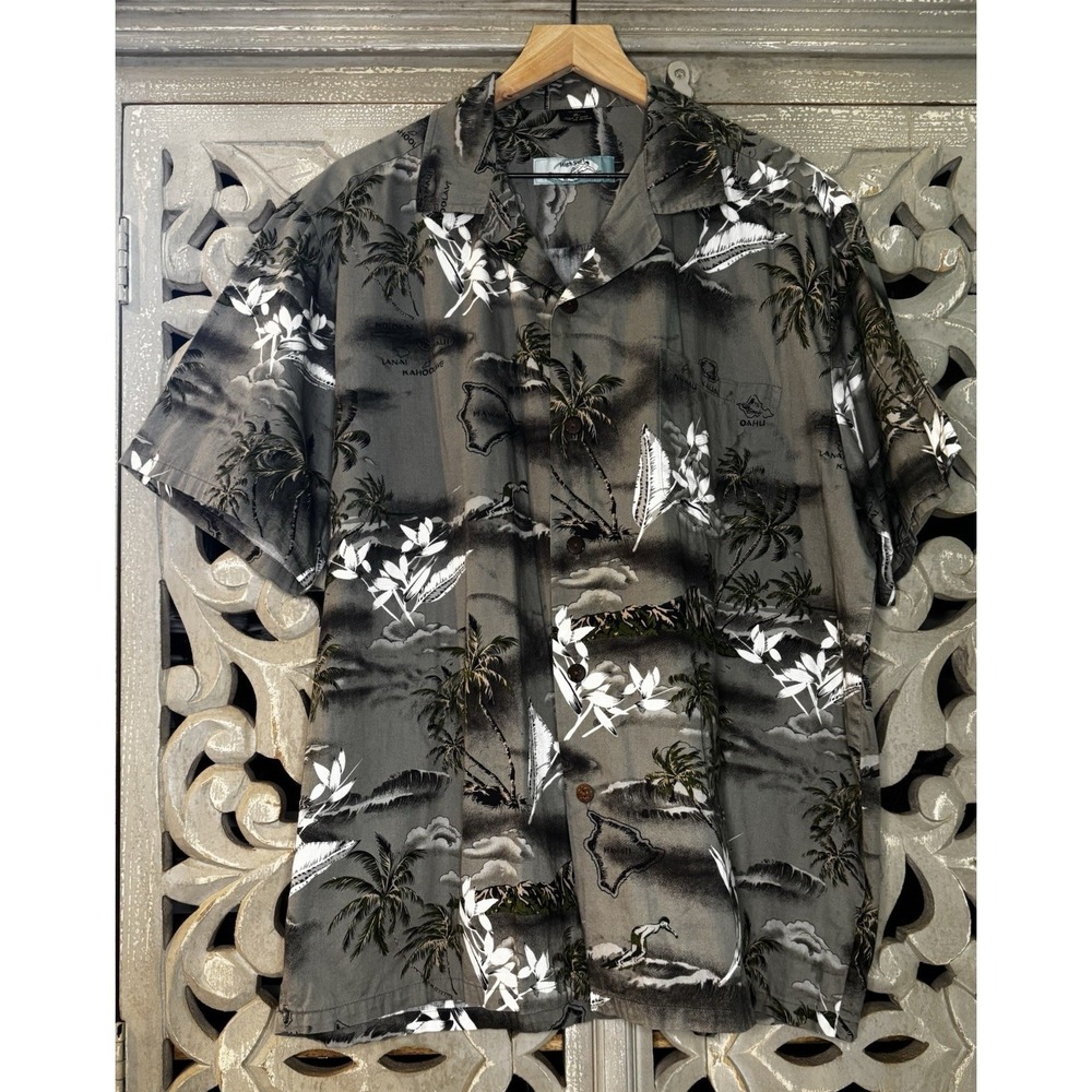 High Surf Hawaiian Shirt Mens XL Gray Island Map Aloha Button Front 100% Cotton